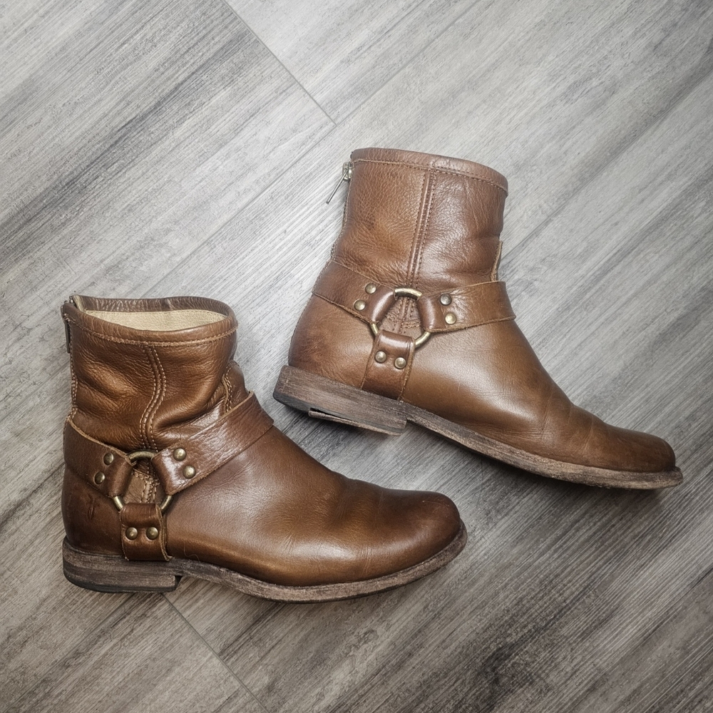 Frye Leather Phillip Harness Short Boots with Buckle Detail